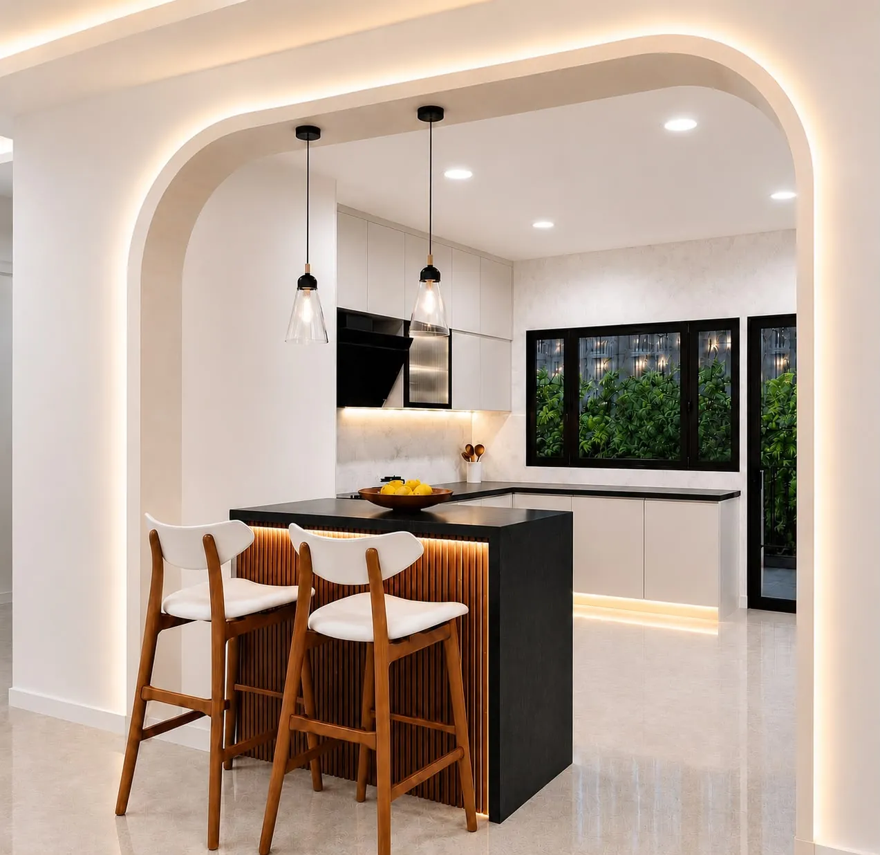 Modern kitchen and breakfast counter interior