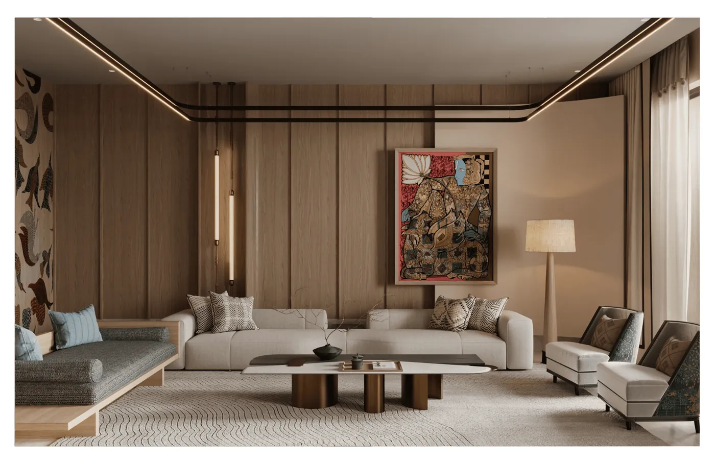 Living room with wood panelling and art