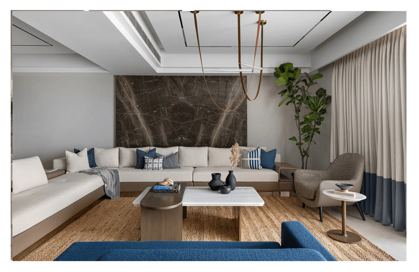 Living room with marble accent wall