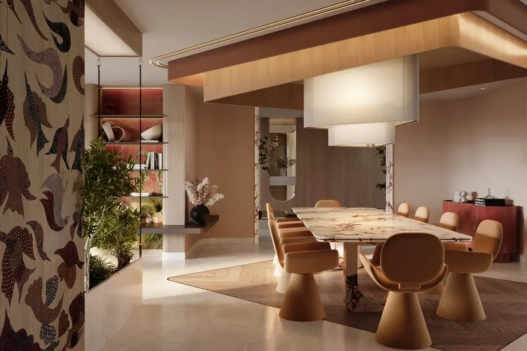 Living room with pendant lighting and sofa